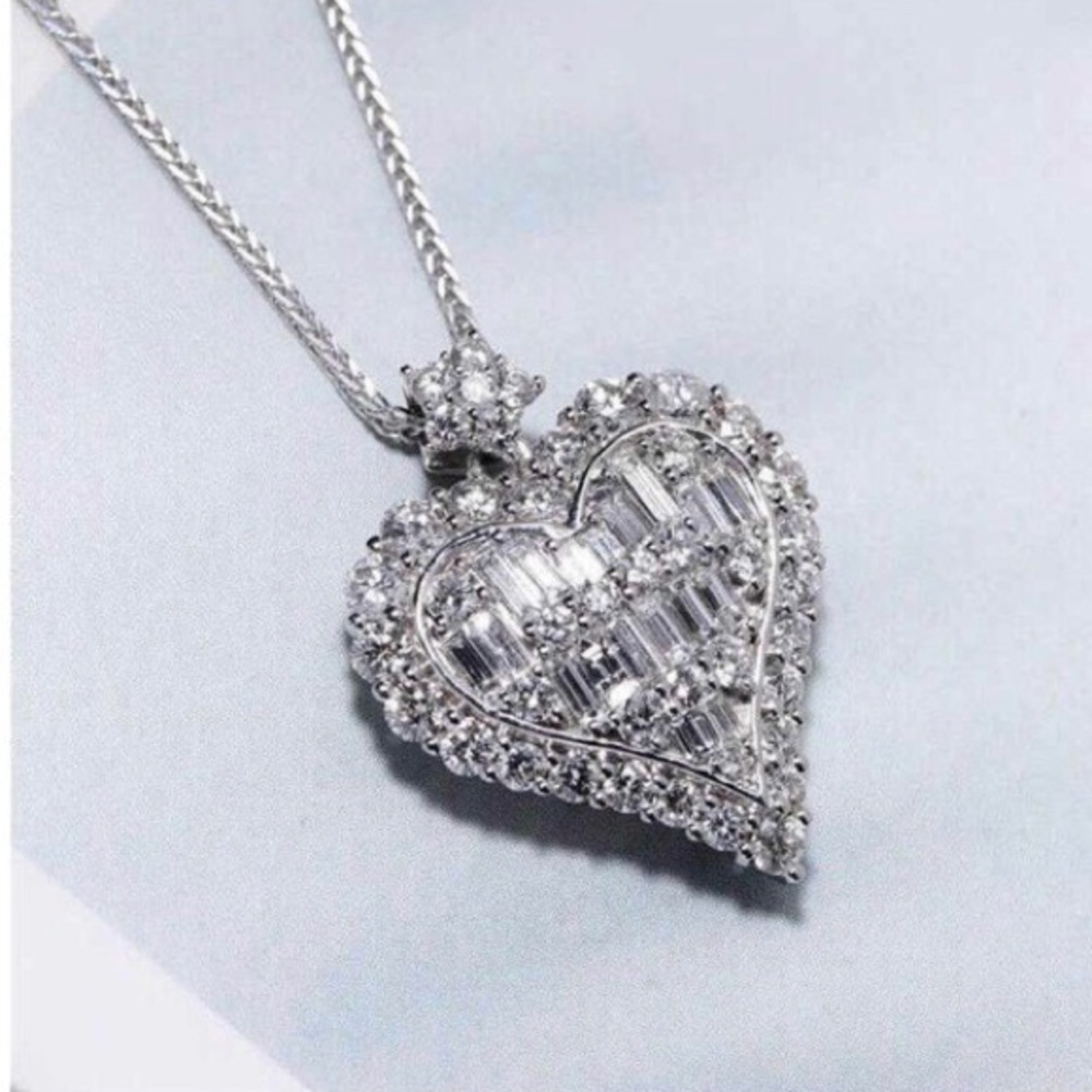 BAGUETTE STERLING SILVER DIAMOND HEART NECKLACE - Picture 2 of 6